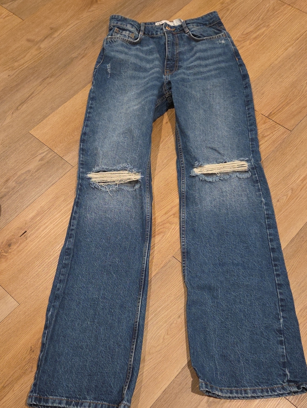 Zara Medium Blue Straight Leg Jeans with Knee Rips
